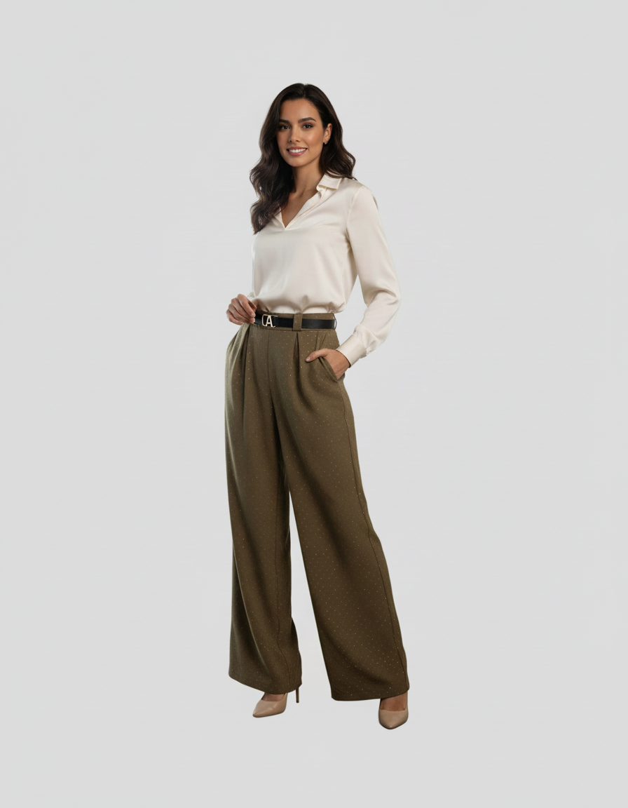 Pantalon ÉLYA Camel Full Strass – Taille Haute Fluide Chic du 34 au 44