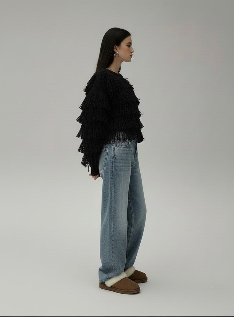 Pull  Manon Femme à Franges Écru – Maille Texturée Chic, Coupe Légèrement Oversize