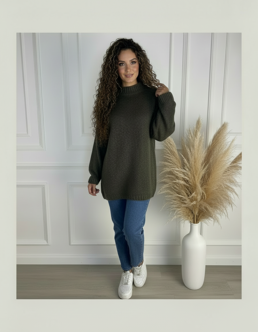 Pull Chiara Oversize Col Montant Femme – Maille Couture, Longue ou Courte (Style Cocooning Chic)