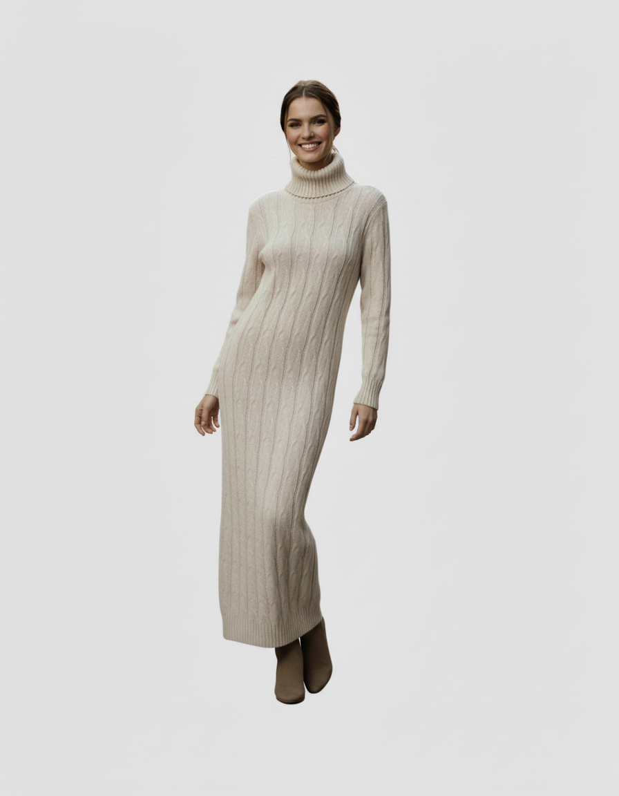 Robe Pull Longue Femme – Maille Torsadée & Col Roulé (Coupe Chic et Chaude)