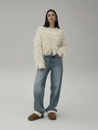 Pull  Manon Femme à Franges Écru – Maille Texturée Chic, Coupe Légèrement Oversize