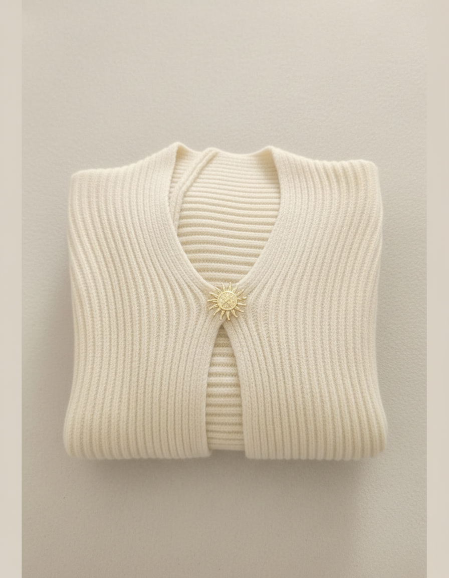 Gilet maille douce broche soleil – gilet court chic femme Made in Italy