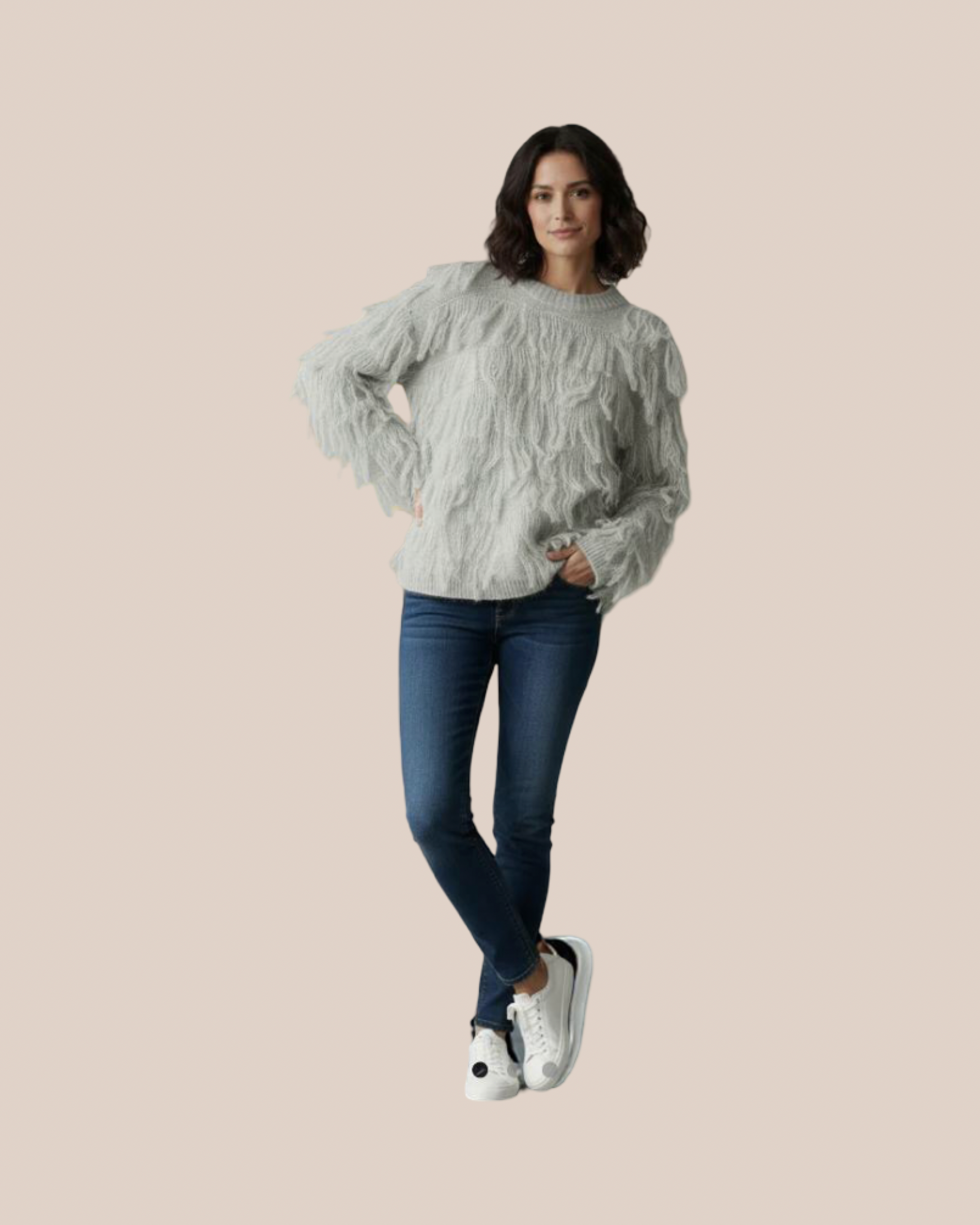 Pull  Manon Femme à Franges Écru – Maille Texturée Chic, Coupe Légèrement Oversize