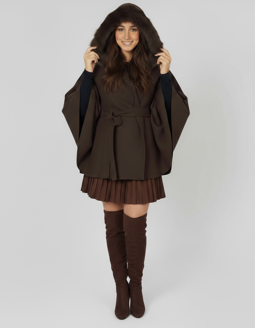 MANTEAU CAPE COL EFFET FOURRURE PIECE UNIQUE