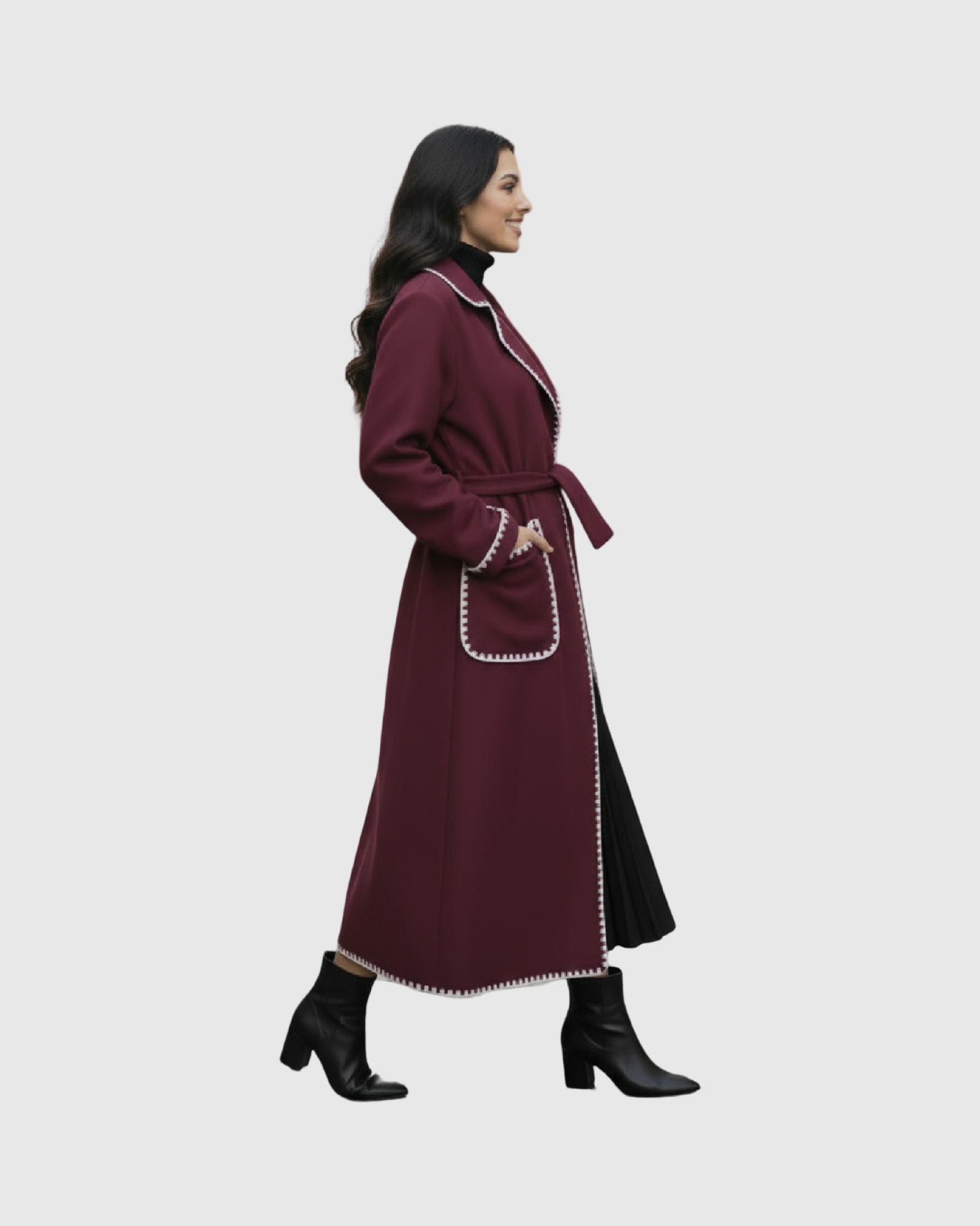 Manteau Long Laine Femme – Détails Contrastés Couture (Made in Italy)