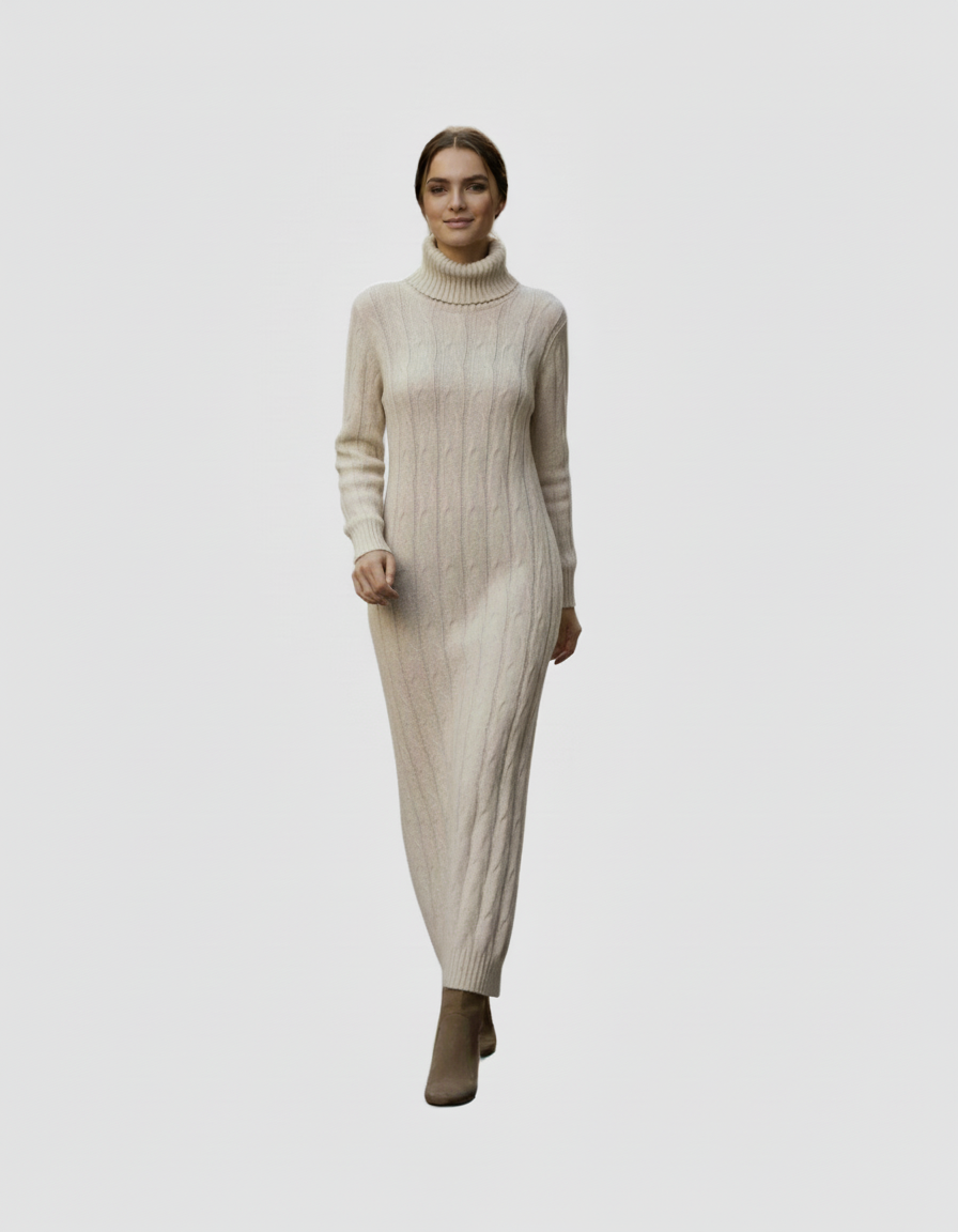 Robe Pull Longue Femme – Maille Torsadée & Col Roulé (Coupe Chic et Chaude)