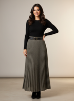 Jupe plissée tweed scintillante – Jupe longue taupe – Taille 34 à 44