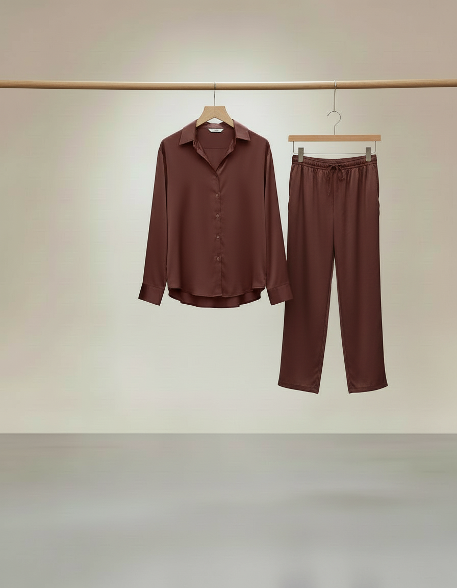 Ensemble ÉCLAT – Ensemble chic satin effet cuir, coupe droite