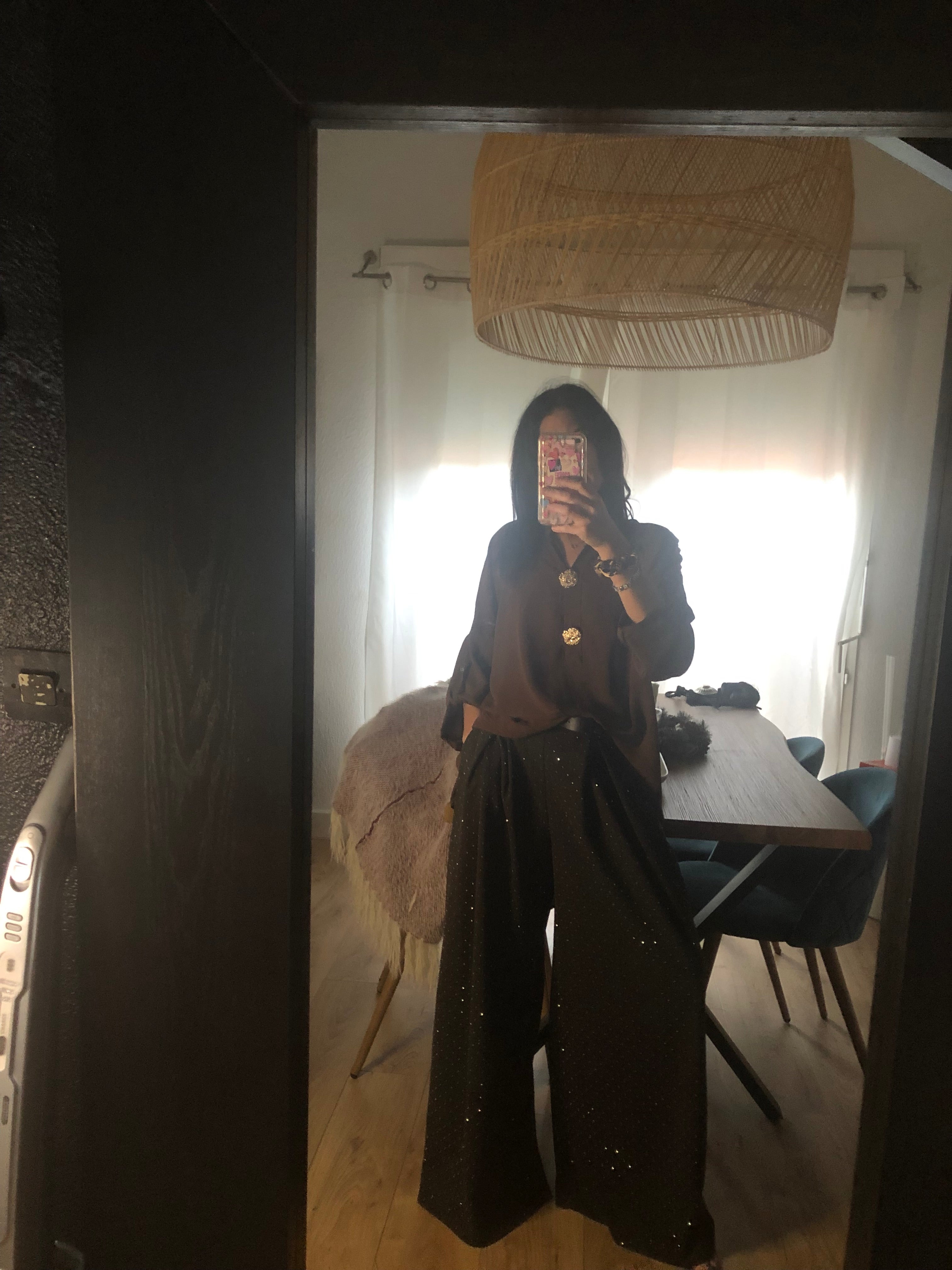 Pantalon ÉLYA Chocolat  Full Strass – Taille Haute Fluide Chic du 34 au 44