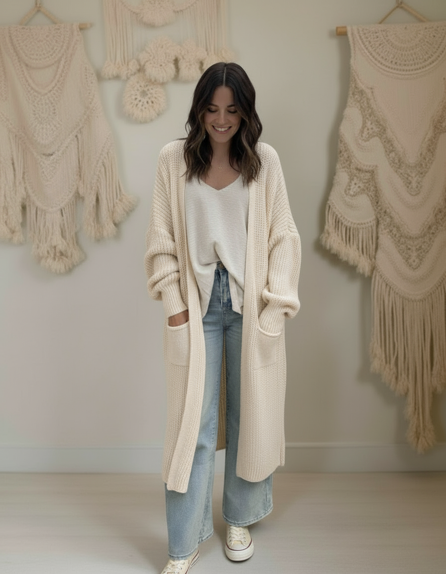 GILET LONG MAILLE ITALIENNE POCHES PIECE UNIQUE