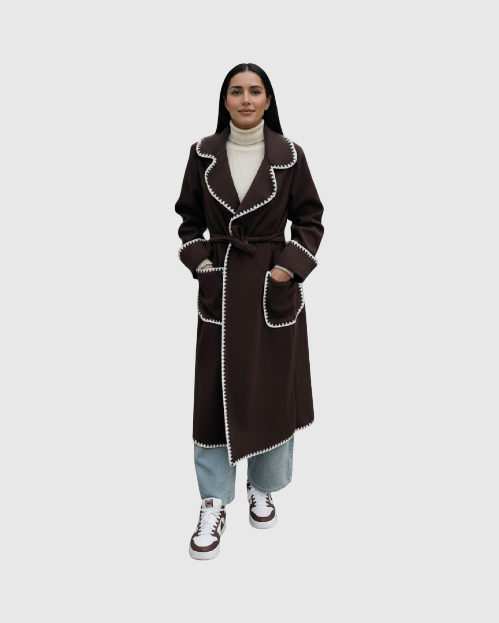 Manteau Long Laine Femme – Détails Contrastés Couture (Made in Italy)