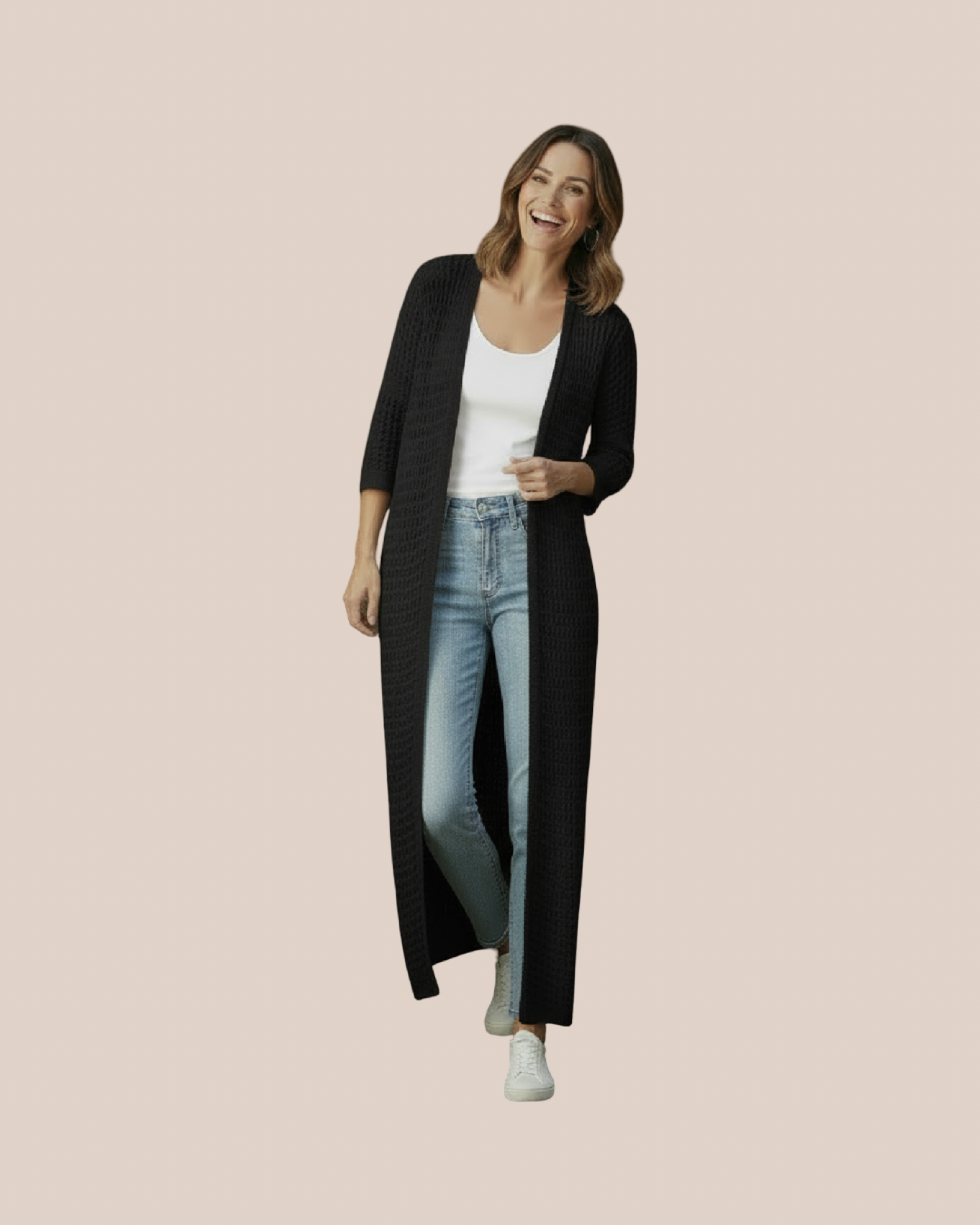 Gilet long maille ajourée sable pièce unique bohème chic