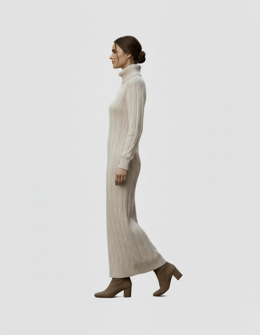 Robe Pull Longue Femme – Maille Torsadée & Col Roulé (Coupe Chic et Chaude)