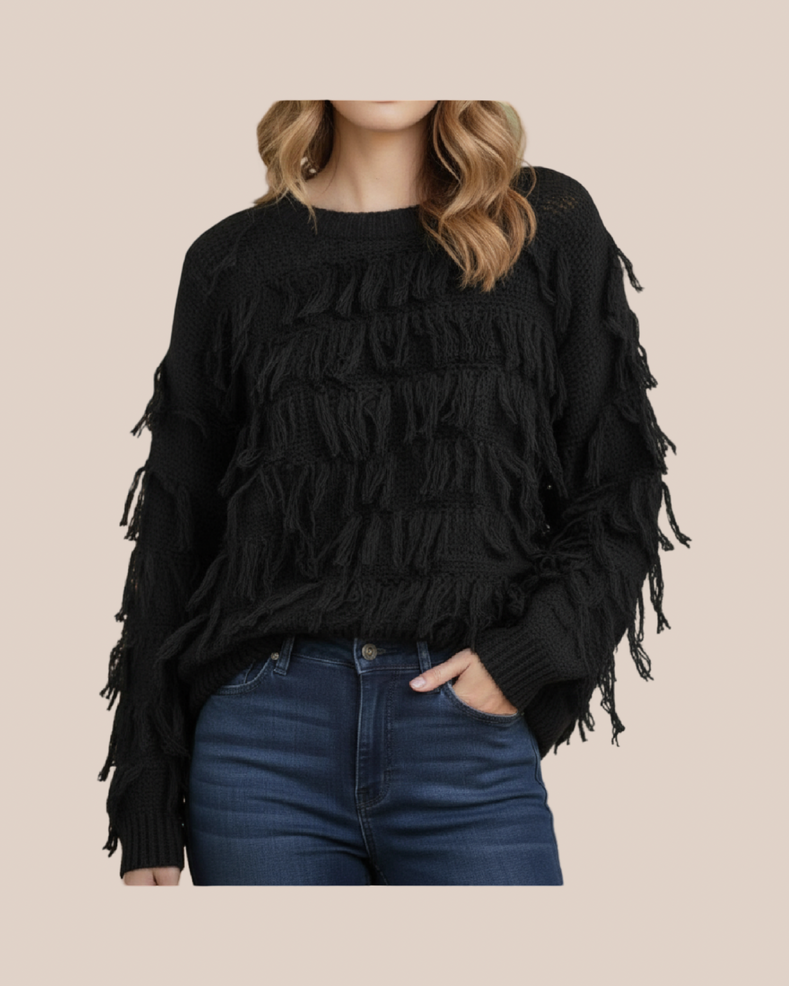 Pull  Manon Femme à Franges Écru – Maille Texturée Chic, Coupe Légèrement Oversize