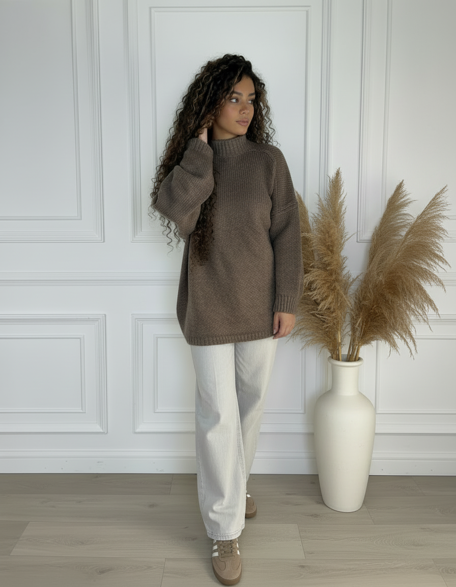 Pull Chiara Oversize Col Montant Femme – Maille Couture, Longue ou Courte Style Cocooning Chic