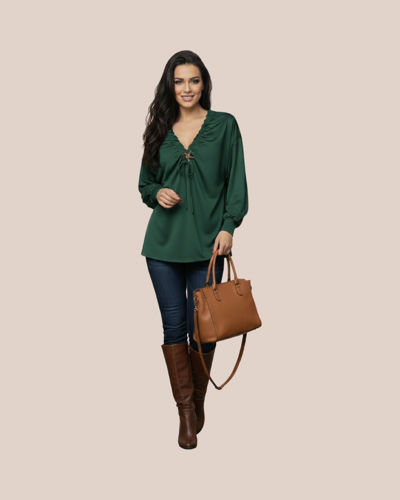 Blouse Vert Émeraude Décolleté Froncé avec Broche Étoile – Pièce Unique