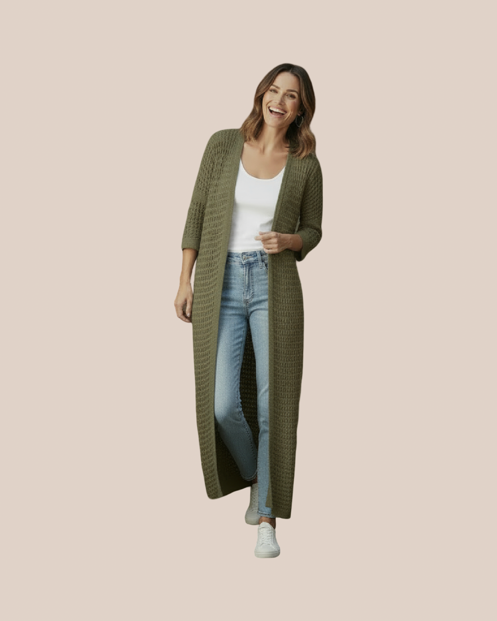 Gilet long maille ajourée sable pièce unique bohème chic