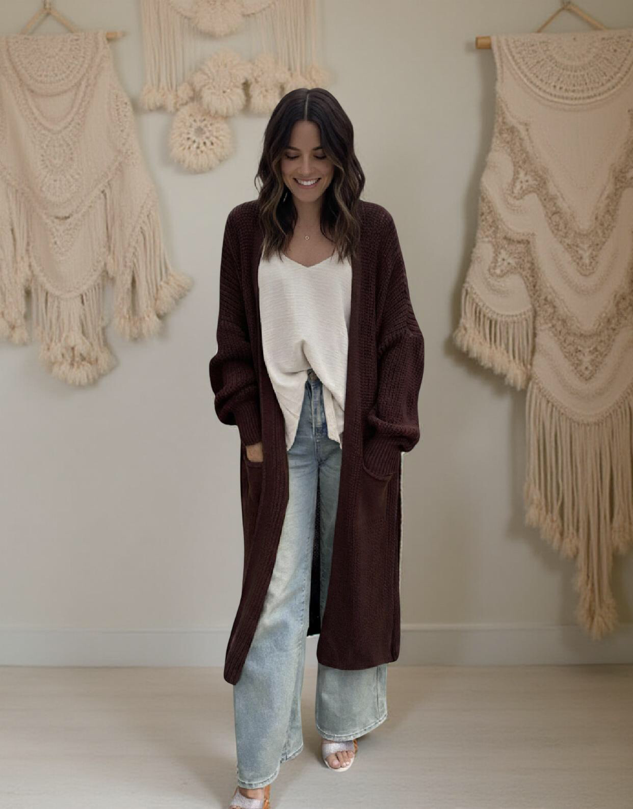 GILET LONG MAILLE ITALIENNE POCHES PIECE UNIQUE