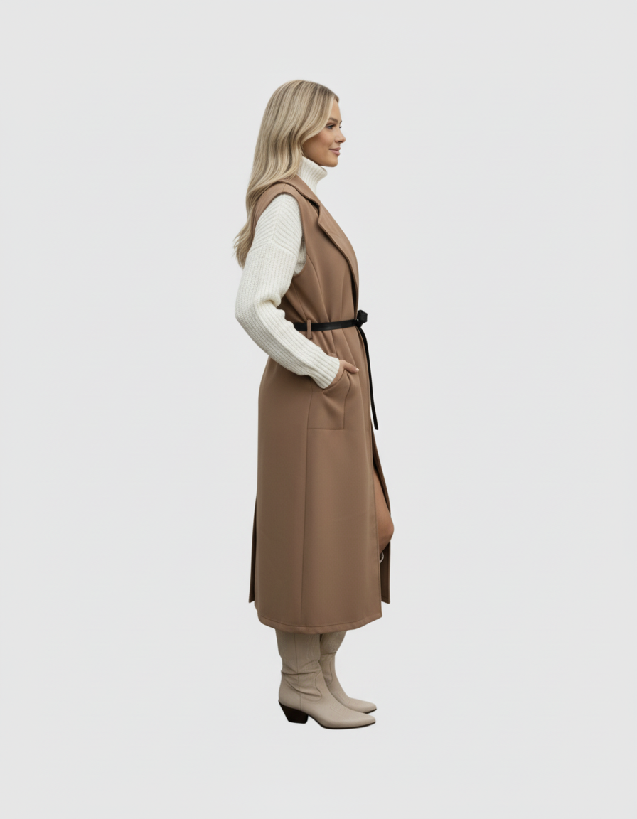 Gilet Long Sans Manches Effet Suédine – Coupe Chic & Moderne