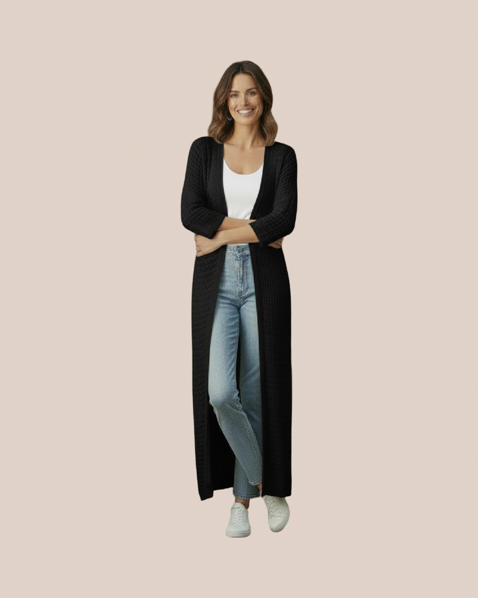 Gilet long maille ajourée sable pièce unique bohème chic