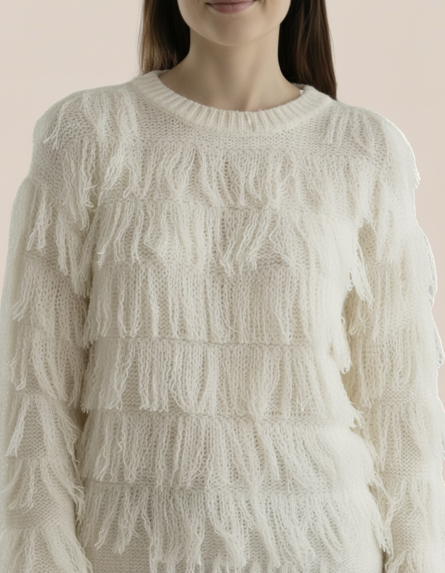 Pull  Manon Femme à Franges Écru – Maille Texturée Chic, Coupe Légèrement Oversize