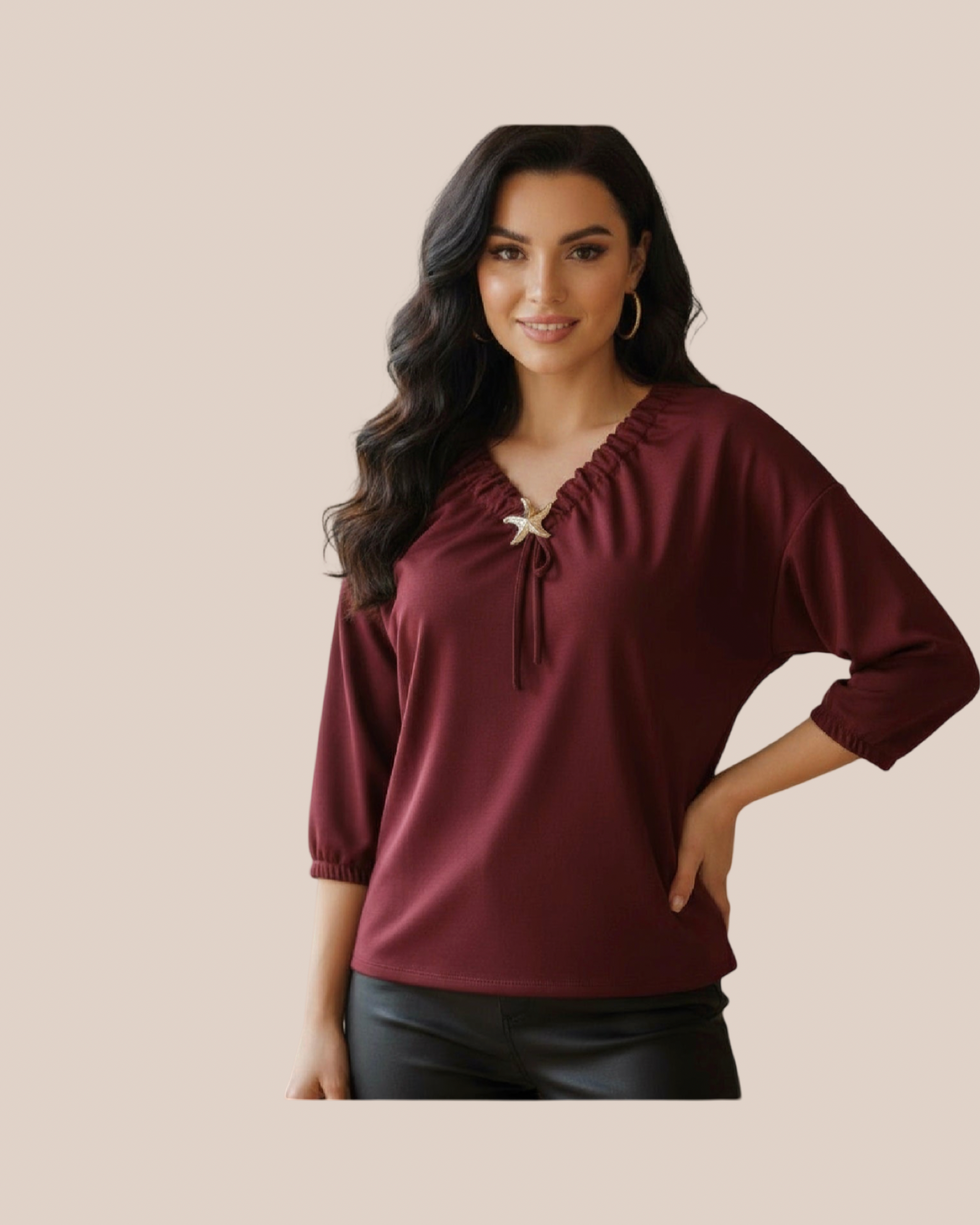 Blouse burgundy  Décolleté Froncé avec Broche Étoile – Pièce Unique