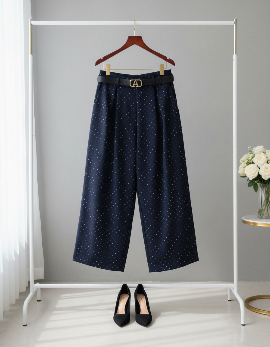 Pantalon ÉLYA Marine Full Strass – Taille Haute Fluide Chic du 34 au 44