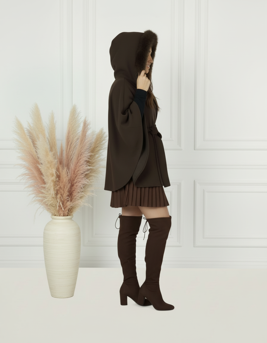 MANTEAU CAPE COL EFFET FOURRURE PIECE UNIQUE