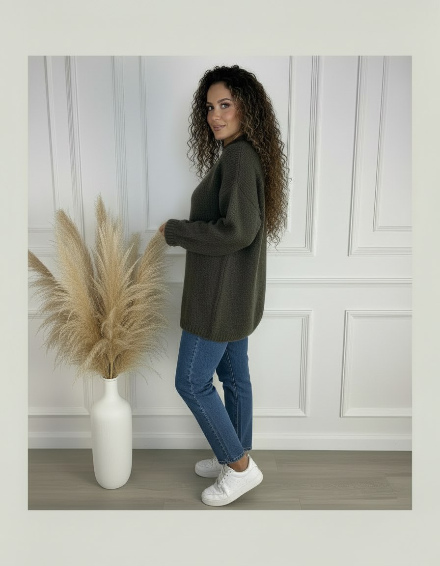 Pull Chiara Oversize Col Montant Femme – Maille Couture, Longue ou Courte (Style Cocooning Chic)