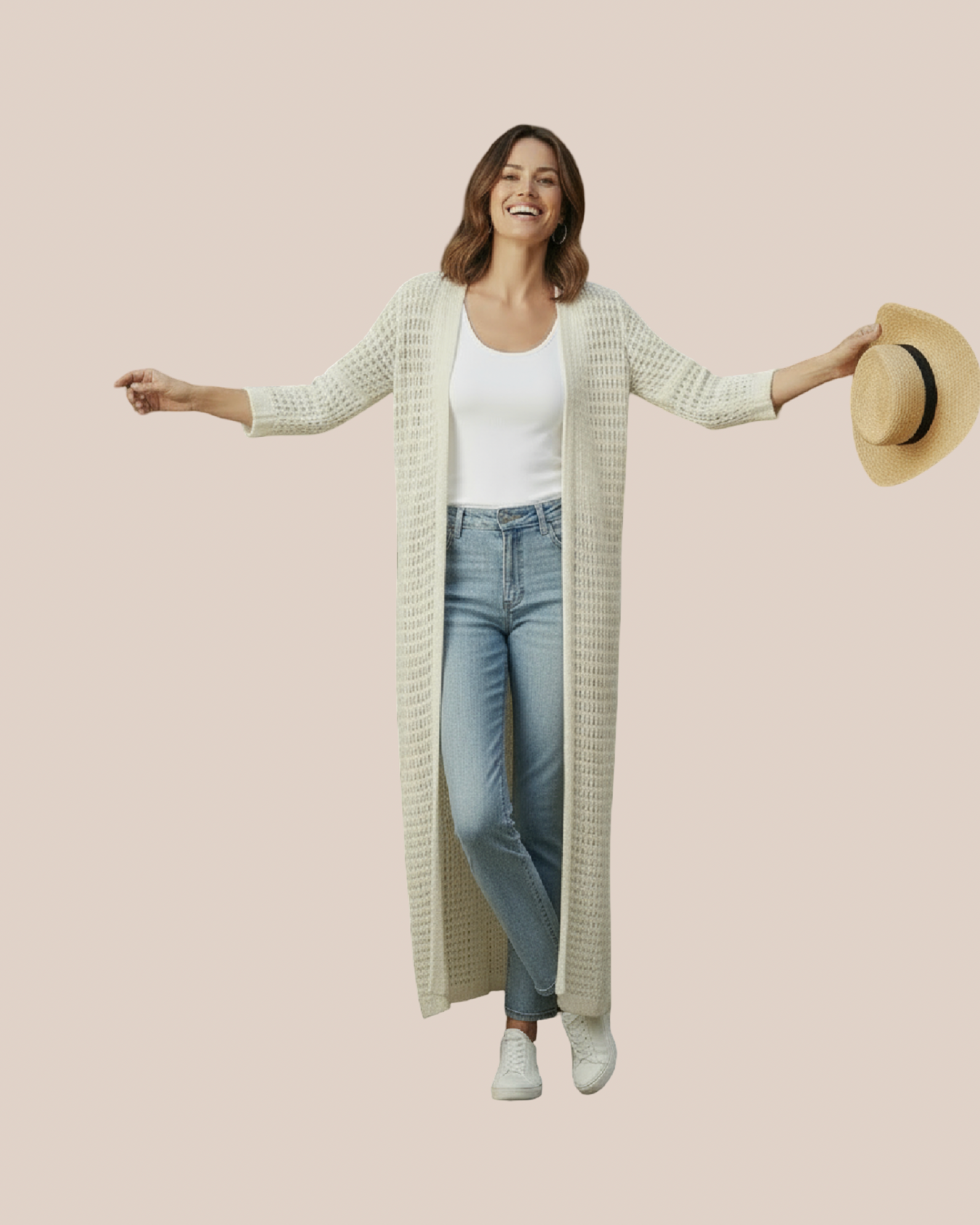 Gilet long maille ajourée sable pièce unique bohème chic