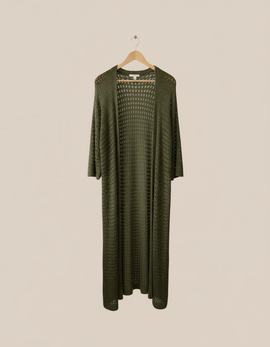 Gilet long maille ajourée sable pièce unique bohème chic