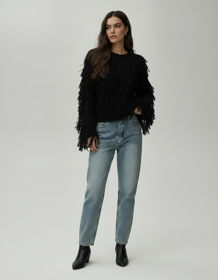 Pull  Manon Femme à Franges Écru – Maille Texturée Chic, Coupe Légèrement Oversize
