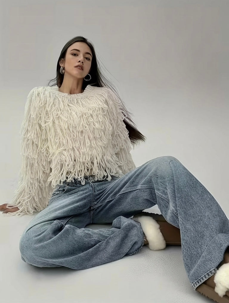 Pull  Manon Femme à Franges Écru – Maille Texturée Chic, Coupe Légèrement Oversize