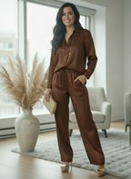 Ensemble ÉCLAT – Ensemble chic satin effet cuir, coupe droite