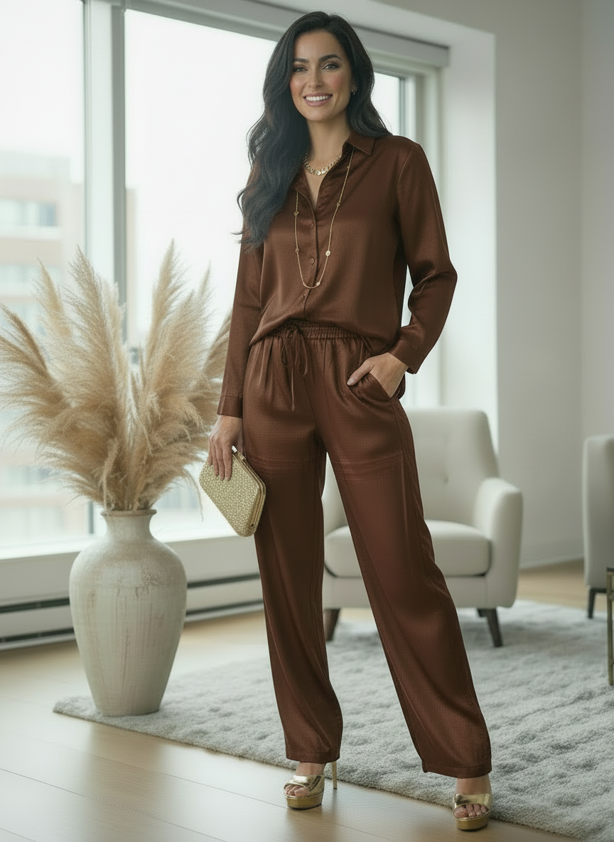 Ensemble ÉCLAT – Ensemble chic satin effet cuir, coupe droite