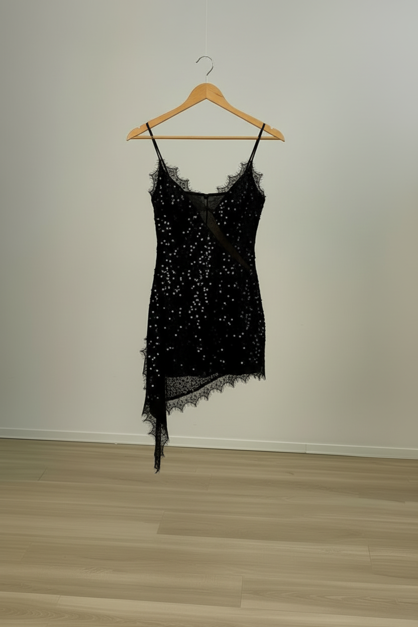 Robe Bella Notte Noir -Effet lingerie & sequins 