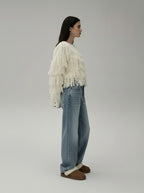 Pull  Manon Femme à Franges Écru – Maille Texturée Chic, Coupe Légèrement Oversize