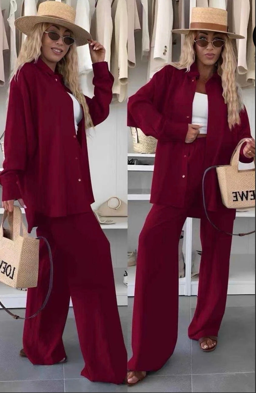 Ensemble chemise en viscose souple taille élastique. Coloris Bordeaux