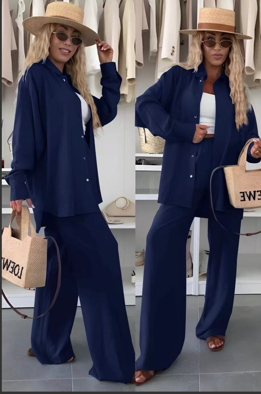 Ensemble chemise en viscose souple taille élastique. Marine