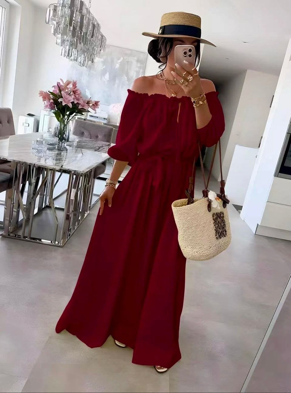 Robe longe bohème Zeina- Rouge rubis
