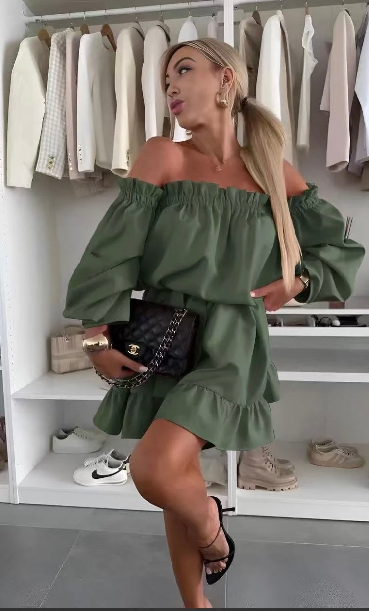Robe Elena Olive - Epaules dénudées à volants