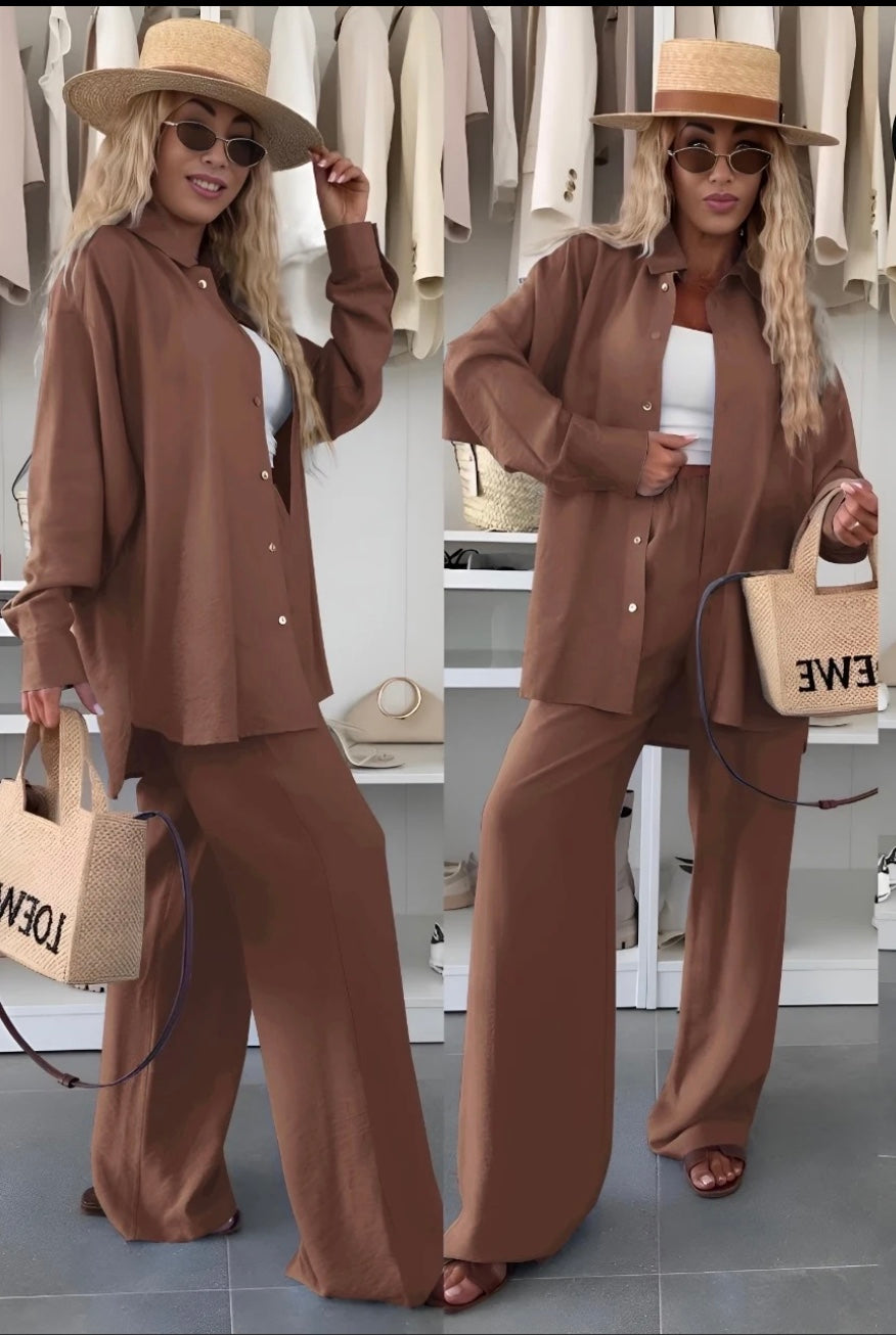 Ensemble chemise en viscose souple taille élastique. Coloris Brun