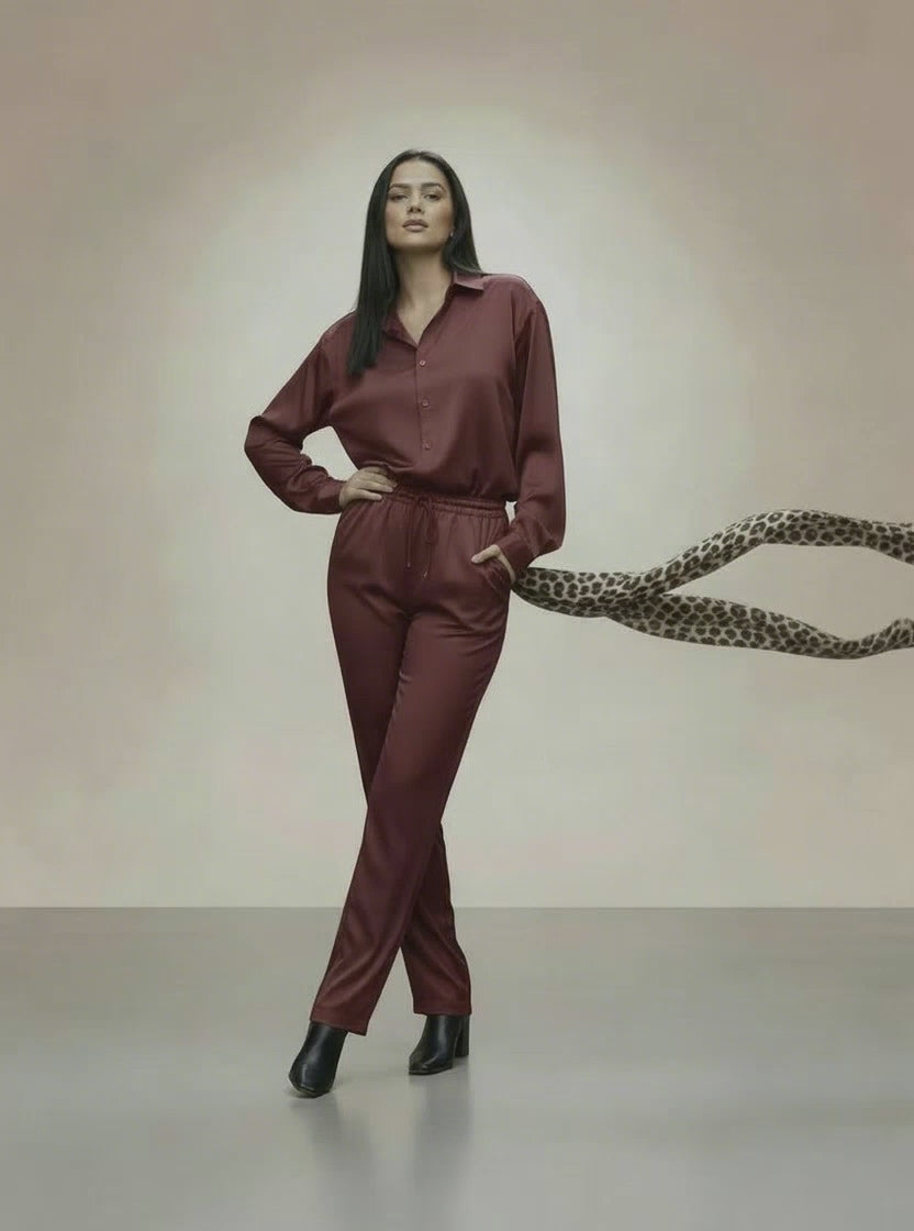 Ensemble ÉCLAT – Ensemble chic satin effet cuir, coupe droite