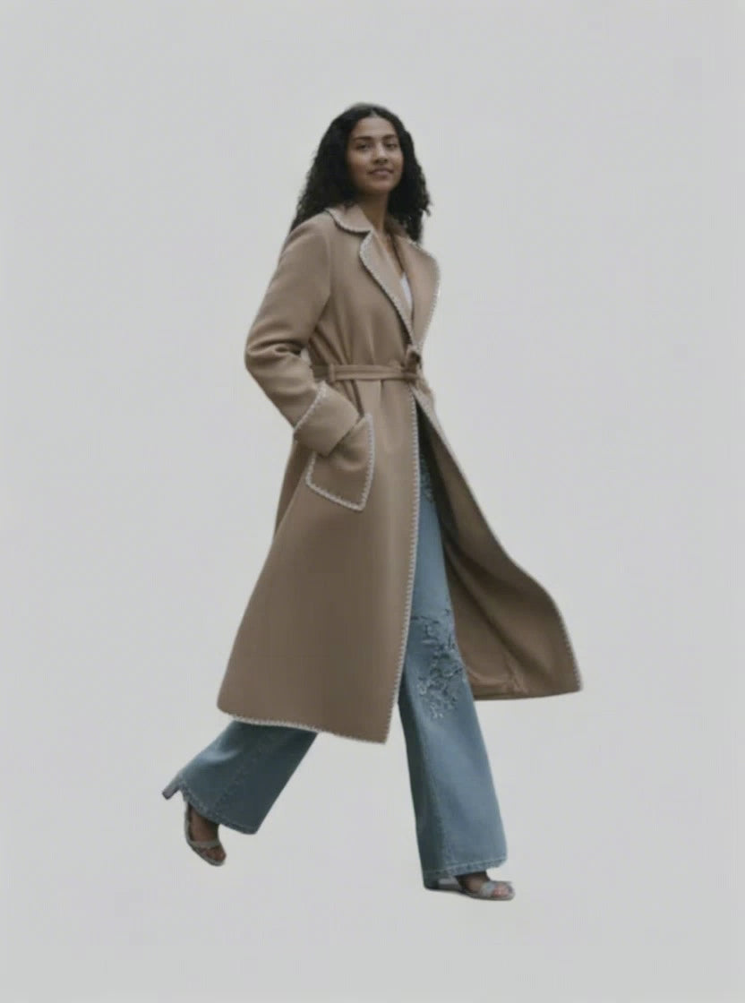 Manteau Long Laine Femme – Détails Contrastés Couture (Made in Italy)