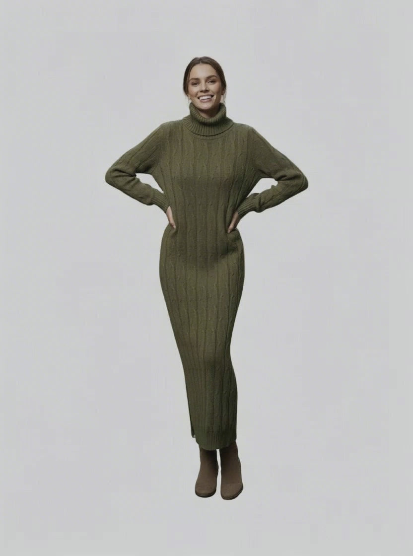 Robe Pull Longue Femme – Maille Torsadée & Col Roulé (Coupe Chic et Chaude)