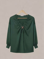 Blouse Vert Émeraude Décolleté Froncé avec Broche Étoile – Pièce Unique