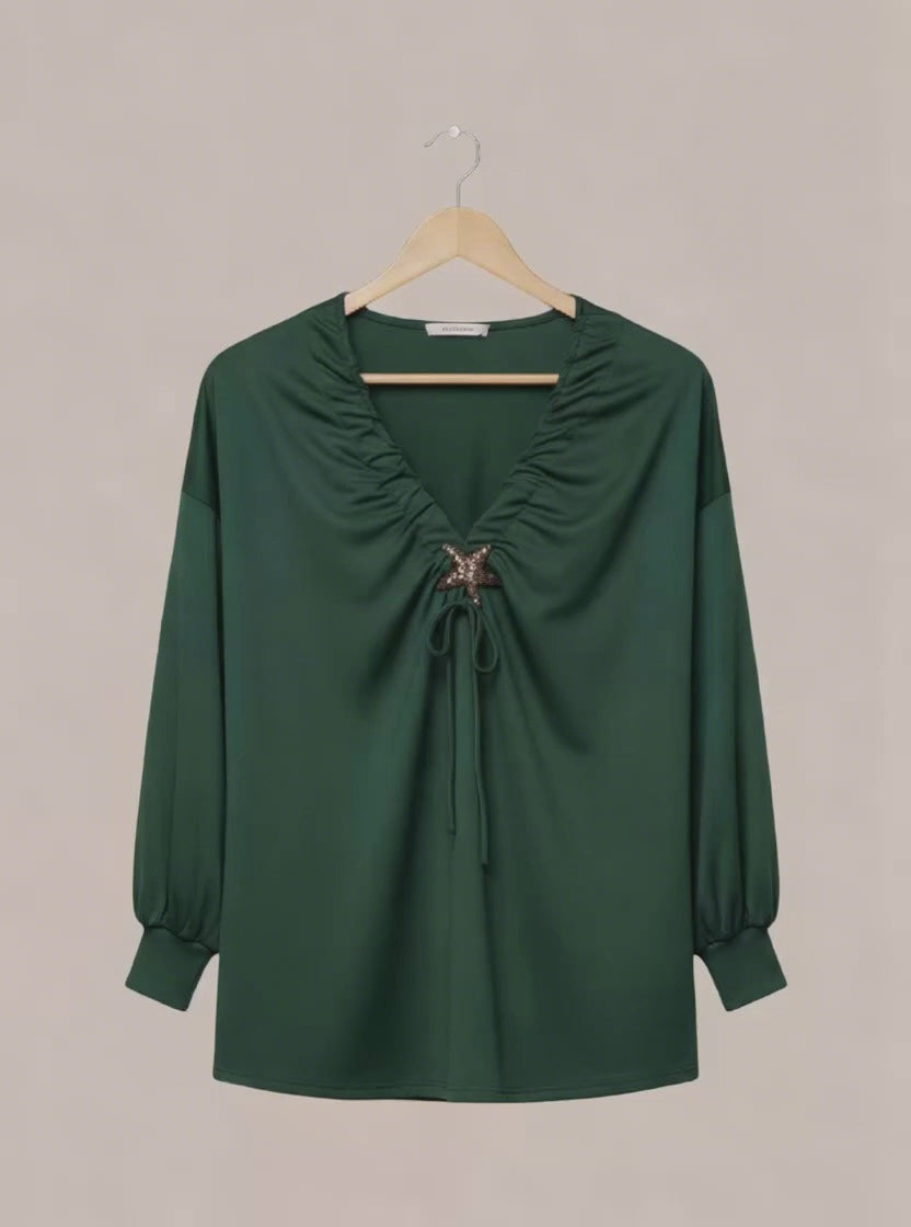 Blouse Vert Émeraude Décolleté Froncé avec Broche Étoile – Pièce Unique