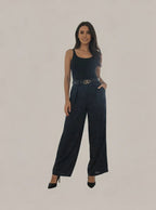 Pantalon ÉLYA Marine Full Strass – Taille Haute Fluide Chic du 34 au 44