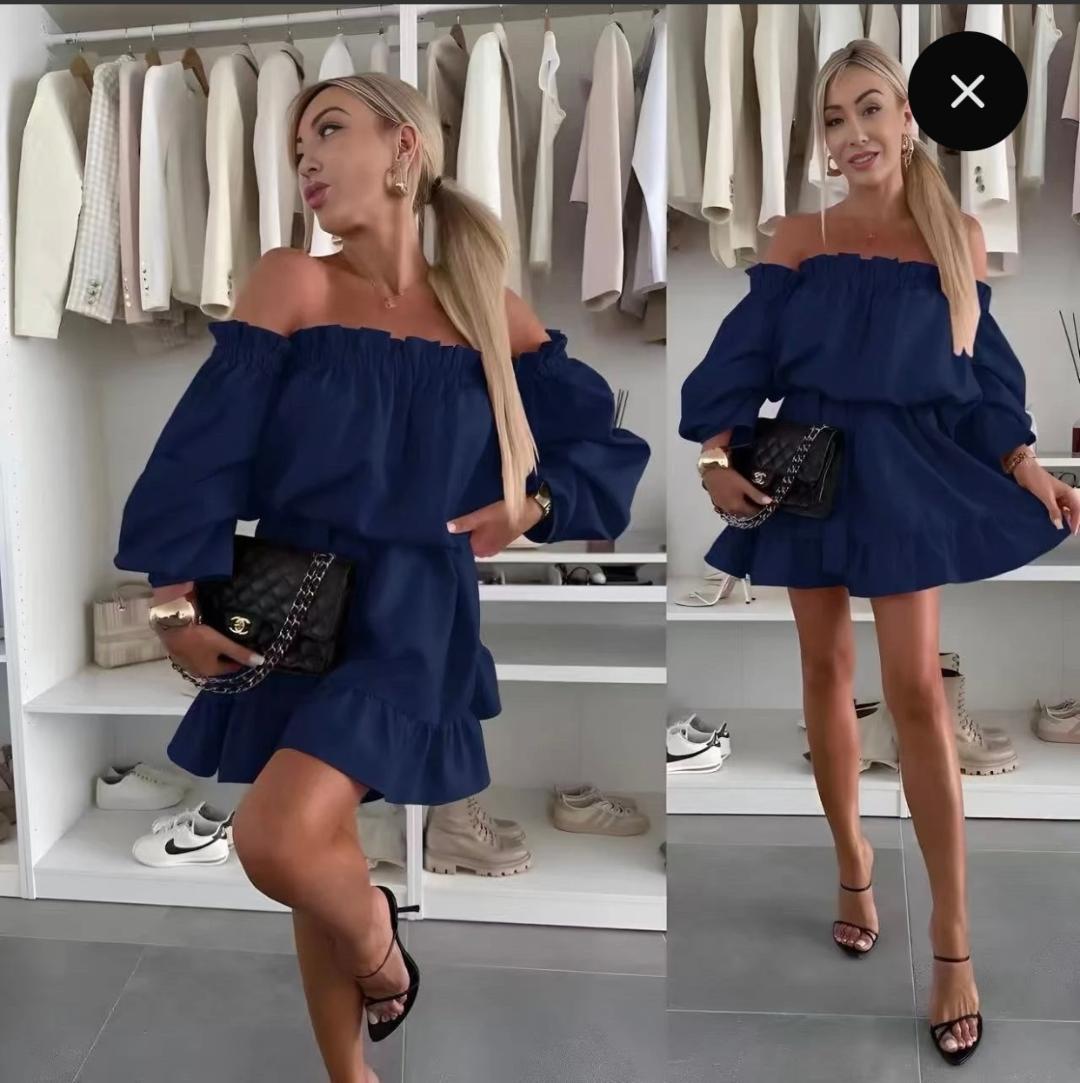 Robe Elena Marine - Epaules dénudées à volants
